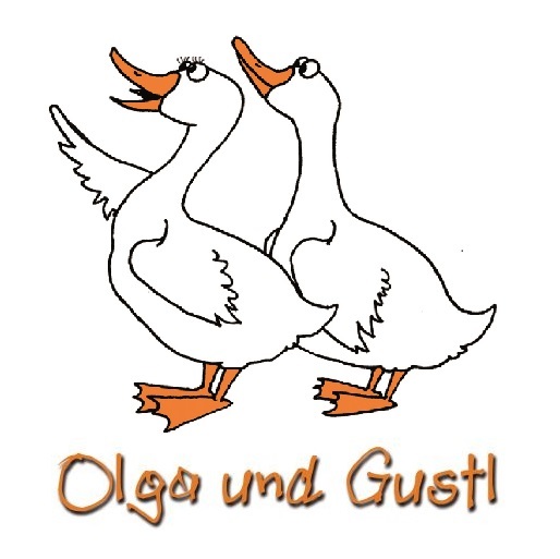 Zwei skizzierte Gänse mit dem Schriftzug Olga und Gust